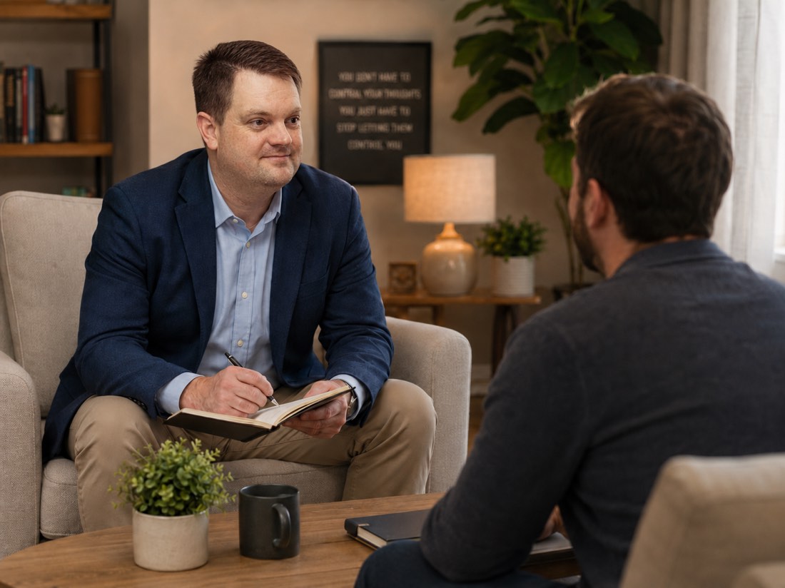 Tim Carney, LCSW, taking notes during a warm counseling session with a client